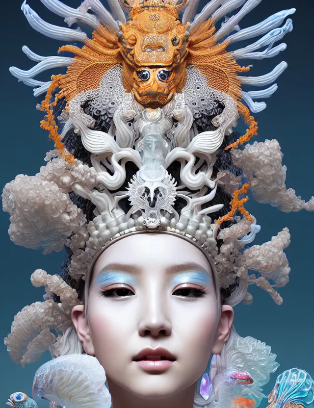 Prompt: 3 d goddess close - up profile portrait with crown, ram skull. beautiful intricately detailed japanese crow kitsune mask and clasical japanese kimono. betta fish, jellyfish phoenix, bio luminescent, plasma, ice, water, wind, creature, artwork by tooth wu and wlop and beeple and greg rutkowski