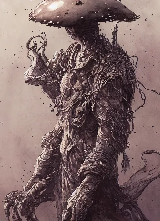 Image similar to humanoid mushroom wizard, watercolor, dramatic lighting, cinematic, establishing shot, extremely high detail, foto realistic, cinematic lighting, pen and ink, intricate line drawings, by Yoshitaka Amano, Ruan Jia, Kentaro Miura, Artgerm, post processed, concept art, artstation, matte painting, style by eddie mendoza, raphael lacoste, alex ross