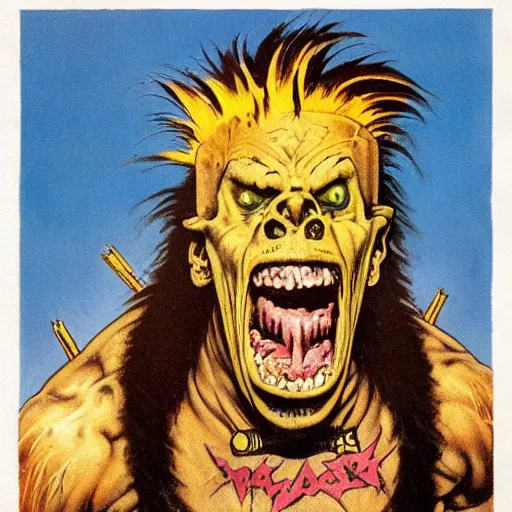 Image similar to Heavy metal Ork, Orkboy, Ork, 80s metal, mohawk, shaggy hair, New Wave of British Heavy Metal, Frank Frazetta, pulp art, illustration