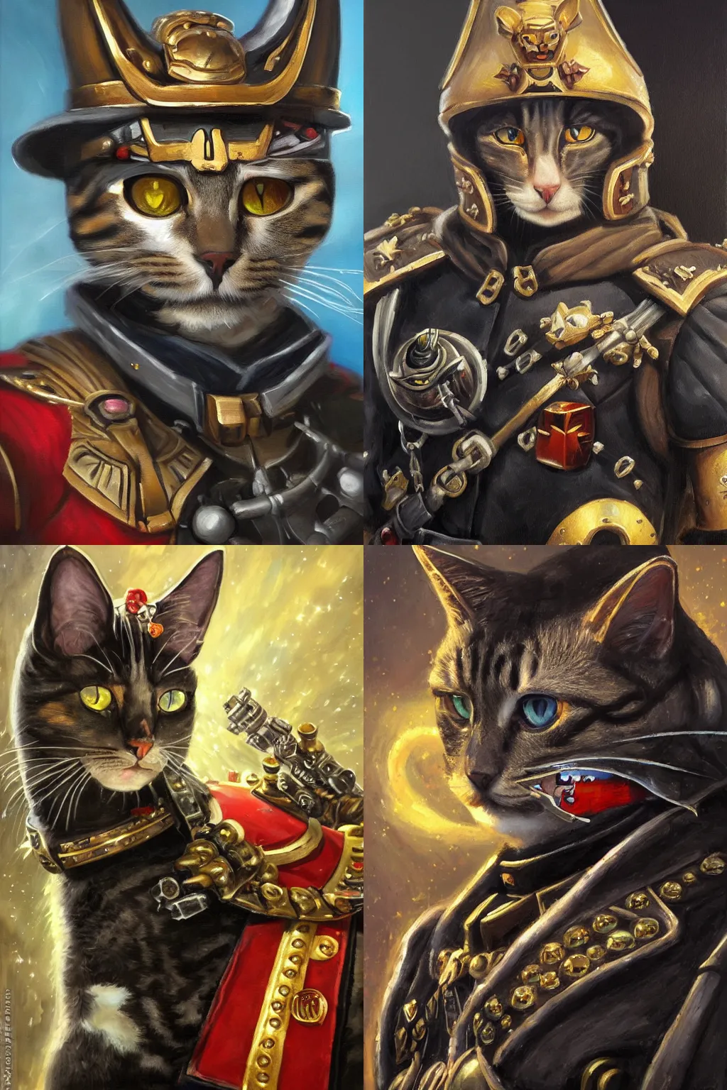 Prompt: an oil painting of a cat as an Imperial officier from the Warhammer 40k,sparkly cat eyes, glorious, cinematic, realistic lighting, masterpiece, smooth, Warhammer 40k, military