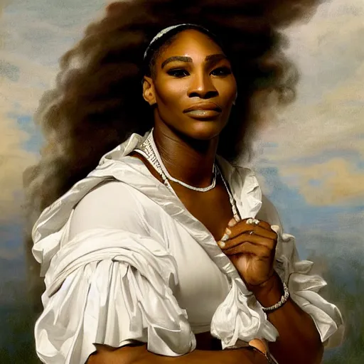 Image similar to Full body Portrait of Serena Williams in Nike gear as Nike Goddess, large wings, luxuriant, dreamy, eternity, romantic, strong pose, highly detailed, in the style of Franz Xaver Winterhalter, highly detailed, in the style of Aetherpunk