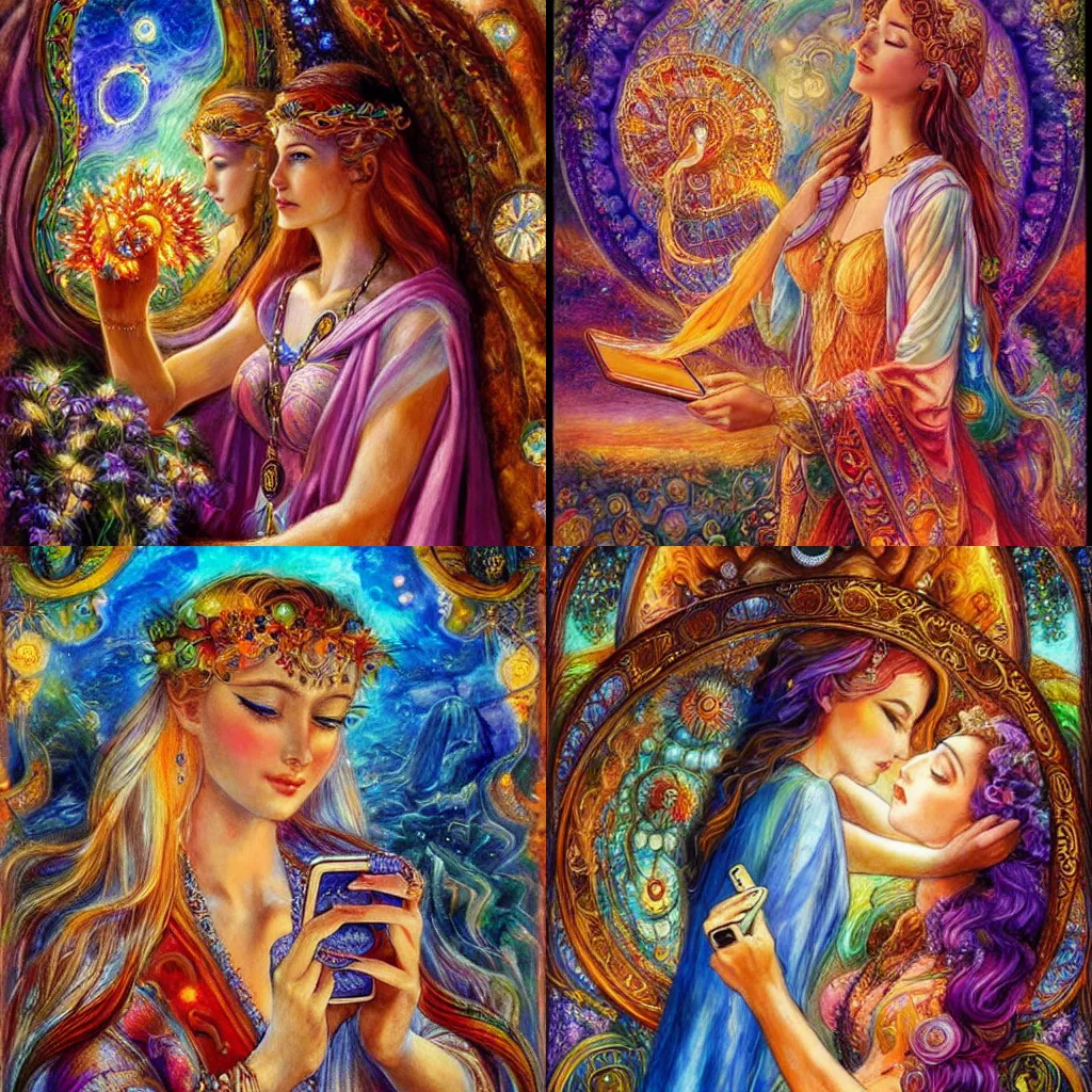 Image similar to goddess checking her phone, by josephine wall, trending on artstation, amanda sage