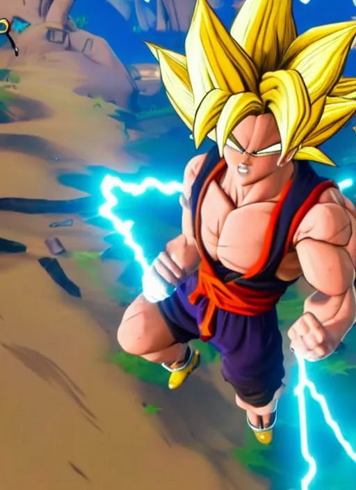 Image similar to game still of super sayan goku as a fortnite skin in fortnite.