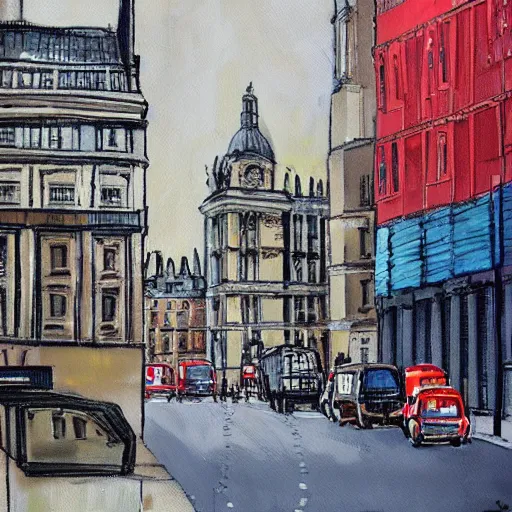 Image similar to streetscape of London, art by Carlo Stanga