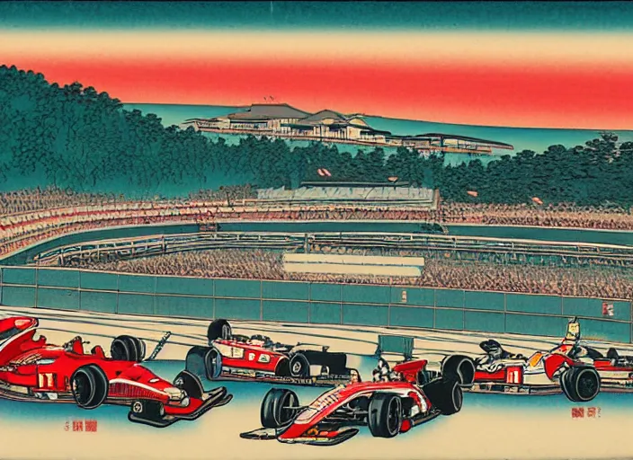 Prompt: ukiyo - e painting of formula 1 cars at circuit de spa - francorchamps