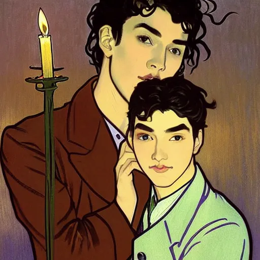 Image similar to painting of young cute handsome beautiful dark medium wavy hair man in his 2 0 s named shadow taehyung and cute handsome beautiful min - jun together at the halloween! party, bubbling cauldron!, candles!, smoke, autumn! colors, elegant, wearing suits!, clothes!, delicate facial features, art by alphonse mucha, vincent van gogh, egon schiele