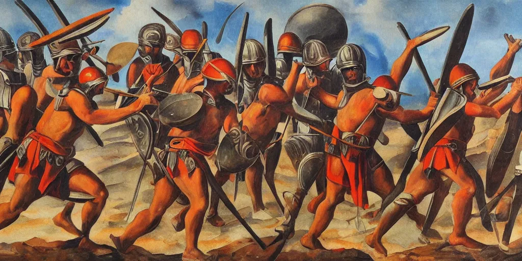 Image similar to italian futurism style painting of greek hoplites at war