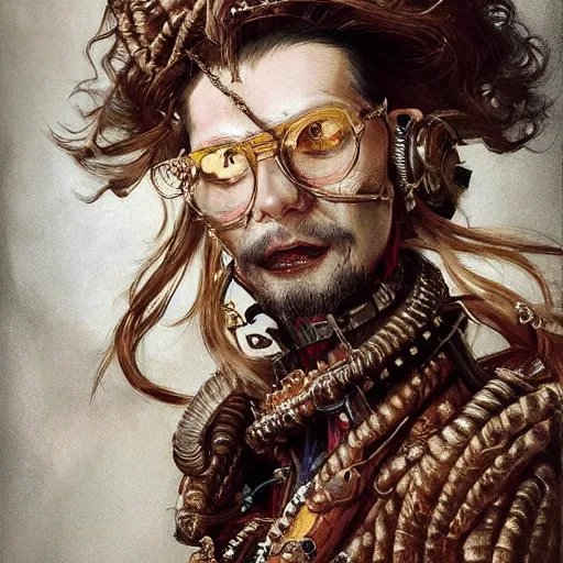 Image similar to portrait, headshot, insanely nice hair style, digital painting, of a old 17th century, old cyborg merchant, amber jewels, baroque, ornate clothing, scifi, realistic, hyperdetailed, chiaroscuro, concept art, art by Franz Hals and Jon Foster and Ayami Kojima and Amano and Karol Bak,