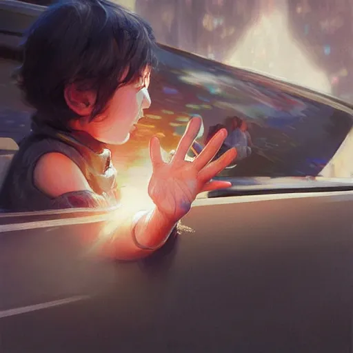 Image similar to close up of child's hand attaching a star - shaped sticker to a truck, digital art by ruan jia and mandy jurgens and artgerm, highly detailed, trending on artstation, award winning