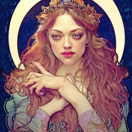 Prompt: amanda seyfried portrait by louis - theophile hingre and alphonse mucha, realistic, sharp focus, zodiac signs, tarot cards, planets, ethereal, art nouveau, magic, moon, sun, crown, dreamy, royal, jewellery