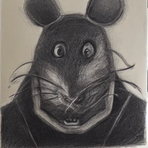 Prompt: a charcoal portrait of a person wearing a rat mask