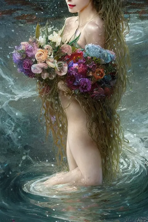 Image similar to portrait of a beautiful mysterious woman holding a bouquet of flowing flowers, drenched clothing, wet dripping long hair, hands hidden under the bouquet, emerging from the water, fantasy, regal, intricate, by stanley artgerm lau, greg rutkowski, thomas kindkade, alphonse mucha, loish, norman rockwell