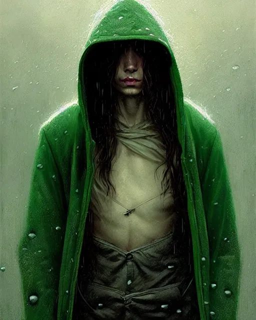 Image similar to portrait Green hooded jacket coat Hunter man elf, long-haired At the rainy town, soaked By greg rutkowski, tom bagshaw, beksinski