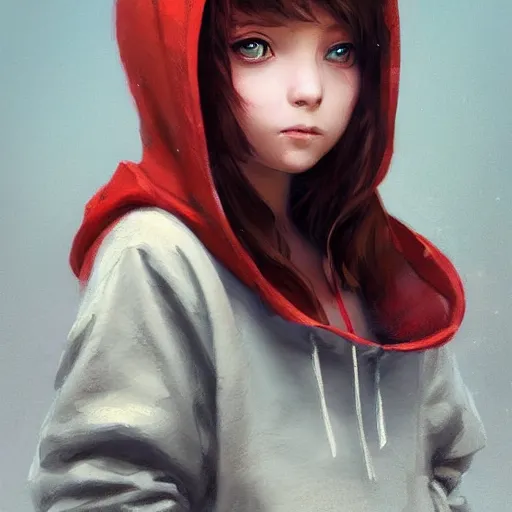 Image similar to a cute tiny girl with short red hair wearing a hoodie, digital art, very beautiful face, pretty face, very detailed eyes, full body illustration, 8 k resolution, soft painting, by greg rutkowski, wlop, rossdraws,