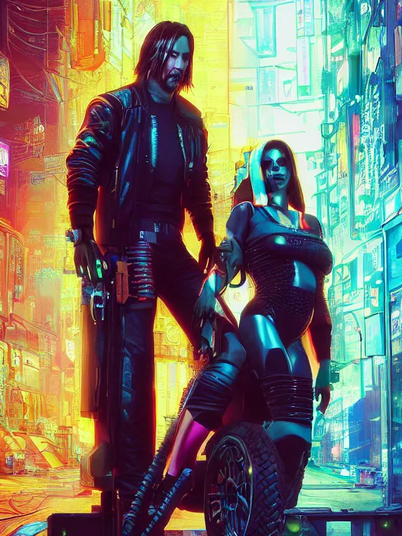 Image similar to a cyberpunk 2077 couple portrait of Keanu Reeves and V began a love story used lots of electric cable connected to giant computer,film lighting,by laurie greasley,Lawrence Alma-Tadema,William Morris,Dan Mumford,trending on atrstation,FAN ART,full of color,Digital painting,face enhance,highly detailed,8K, octane,golden ratio,cinematic lighting