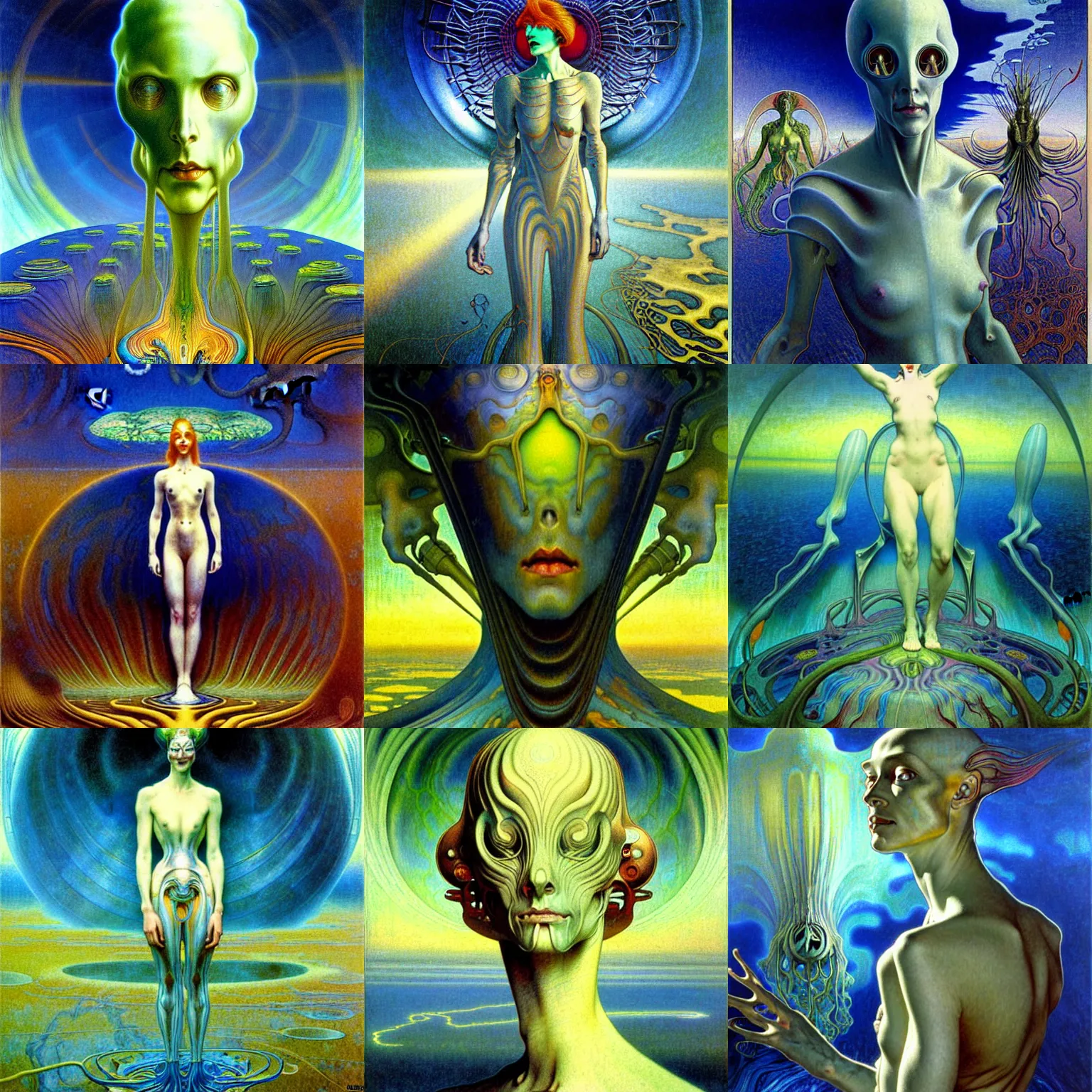 Prompt: realistic extremely detailed portrait painting of a blurry bizarre ghost, futuristic sci-fi landscape on background by Jean Delville, Amano, Yves Tanguy, Alphonse Mucha, Ernst Haeckel, Edward Robert Hughes, Roger Dean, rich moody colours, blue eyes