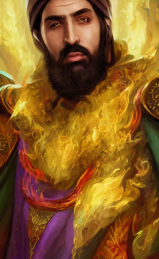 Prompt: fantasy painting of a charming sorcerer of middle - eastern descent, dressed in fine colorful robes and sporting a goatee, smirking, digital painting by barret frymire by artem priakhin, high resolution 4 k