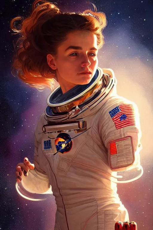 Image similar to beautiful portrait of a female astronaut on mars, face painting, dramatic lighting, intricate, wild, highly detailed, digital painting, artstation, concept art, smooth, sharp focus, illustration, art by artgerm and greg rutkowski and alphonse mucha, footage from space camera