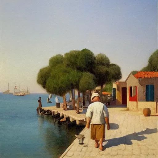 Image similar to a beautiful painting of a mediterranean fishing village in summer by peter ilsted, whitewashed housed, cypress trees, cyan shutters on windows, trending and featured on artstation and behance, people walking down a street