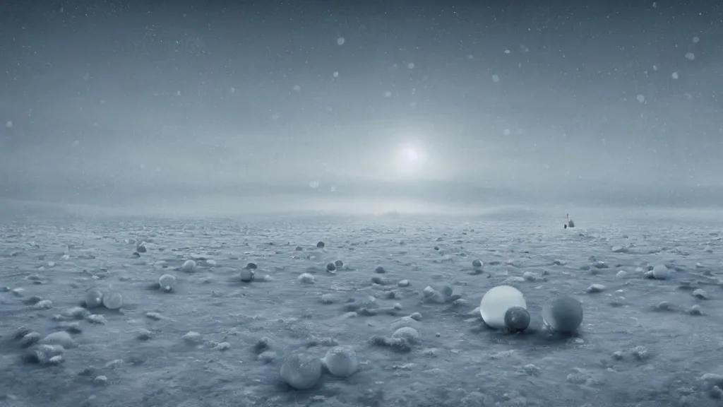 Image similar to a surreal dreamlike scene of transparent spheres floating over a barren snowy landscape, somber melancholic matte painting, highly detailed oil painting, liminal space, 8k, stillness, solitude, icy cold pale silent atmosphere, masterpiece