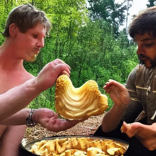 Prompt: human consuming a golden teacher mushroom and realizing everything is connected