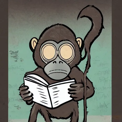 Prompt: a single Monkey reading a book, wearing a gas mask, graffiti, edge to edge, solid color background intricate, highly detailed, smooth, sharp focus, detailed face and body, high contrast