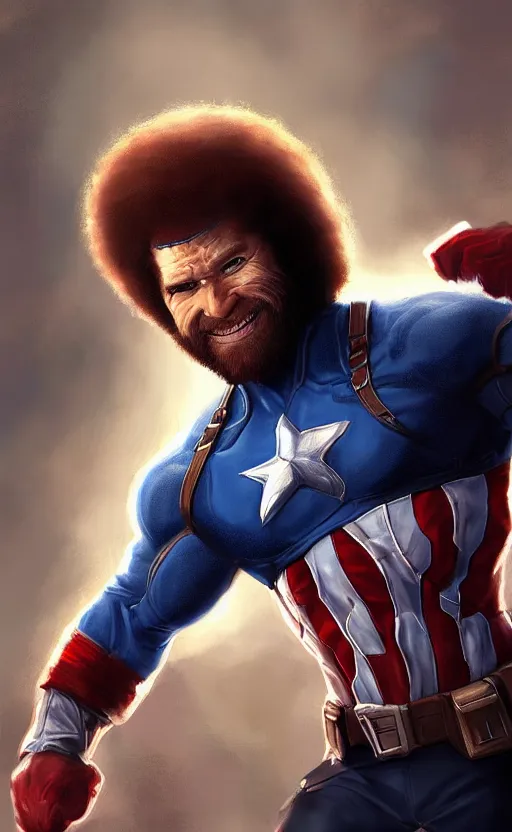 Image similar to bob ross as captain america, dynamic lighting, cinematic, ultra detailed, trending on art station, stunning visuals, creative, fantasy concept art