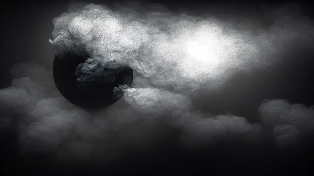 Image similar to smoke flows out of a black sphere in the sky above the city, fog, volumetric lighting, mystique, atmospheric, sharp focus, ultra detailed, noir art house, 4 k, cinematic, 3 5 mm