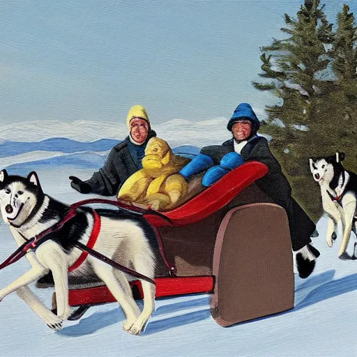 Image similar to Painting of a sled with a man on it being towed by huskies in the style of Ted Harrison, 8K