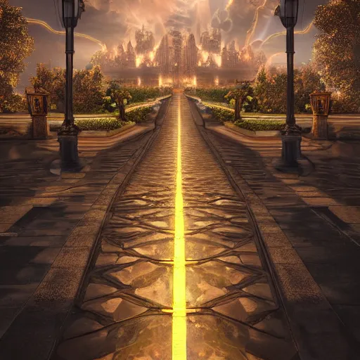Image similar to a long path to the gates of heaven with glowing clouds, illuminated background with streets made of gold and architecture made of crystal, photorealism, 4 k