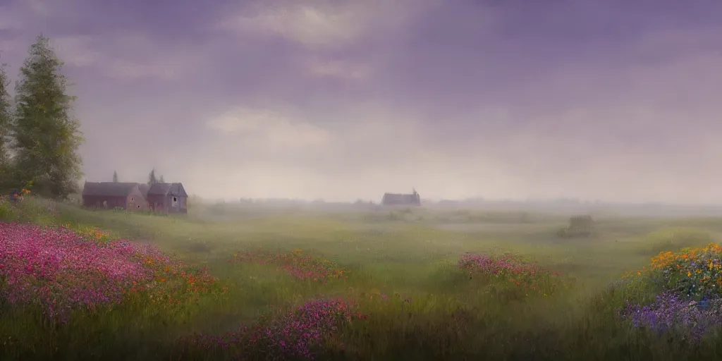 Prompt: a matte painting of a canadian prairie, cottages, foggy, patchy flowers, oil painting, pale colors, high detail, 8 k, wide angle, trending on artstation,