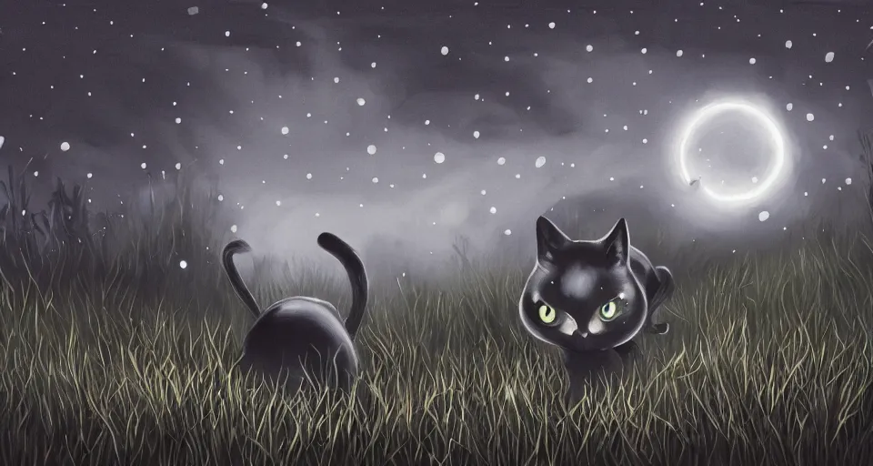 Image similar to black cat with glowing eyes walking around in a dark open field at midnight with fireflies in the air and lots of stars in the sky, digital painting, highly detailed, magical, trending on artstation