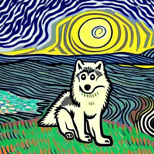 Image similar to view from behind of fluffy baby grey wolf sitting on the shore of a pond, looking out at a sunset, award winning illustration by vincent van gogh