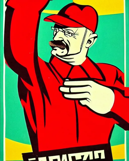 Image similar to soviet communist propaganda poster of walter white as a farmer with his closed fist up in the air, hammer and sickle, happy