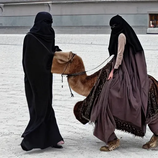 Image similar to anna forsterling and saul bromberger, yulia nevskaya, pulitzer, photorealistic, detailed details / woman wear burqa ride camel and handling gun