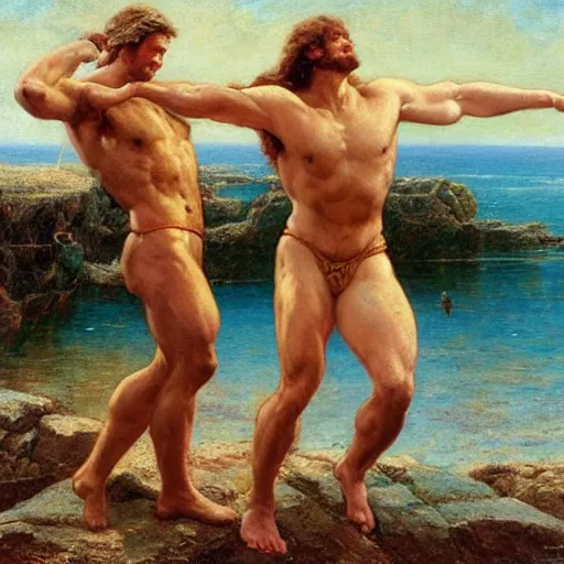 Prompt: hercules and achilles frolic in an estuary, a marble temple stands in the background, painting by gaston bussiere, craig mullins, j. c. leyendecker, tom of finland