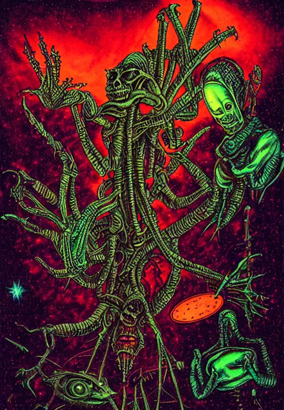 Image similar to subgenius, x - day, aliens, weird stuff, occult stuff, devil stuff, extreme detail, muted colors, bioluminescent glow, vintage, stained paper, hyperrealism, stage lighting