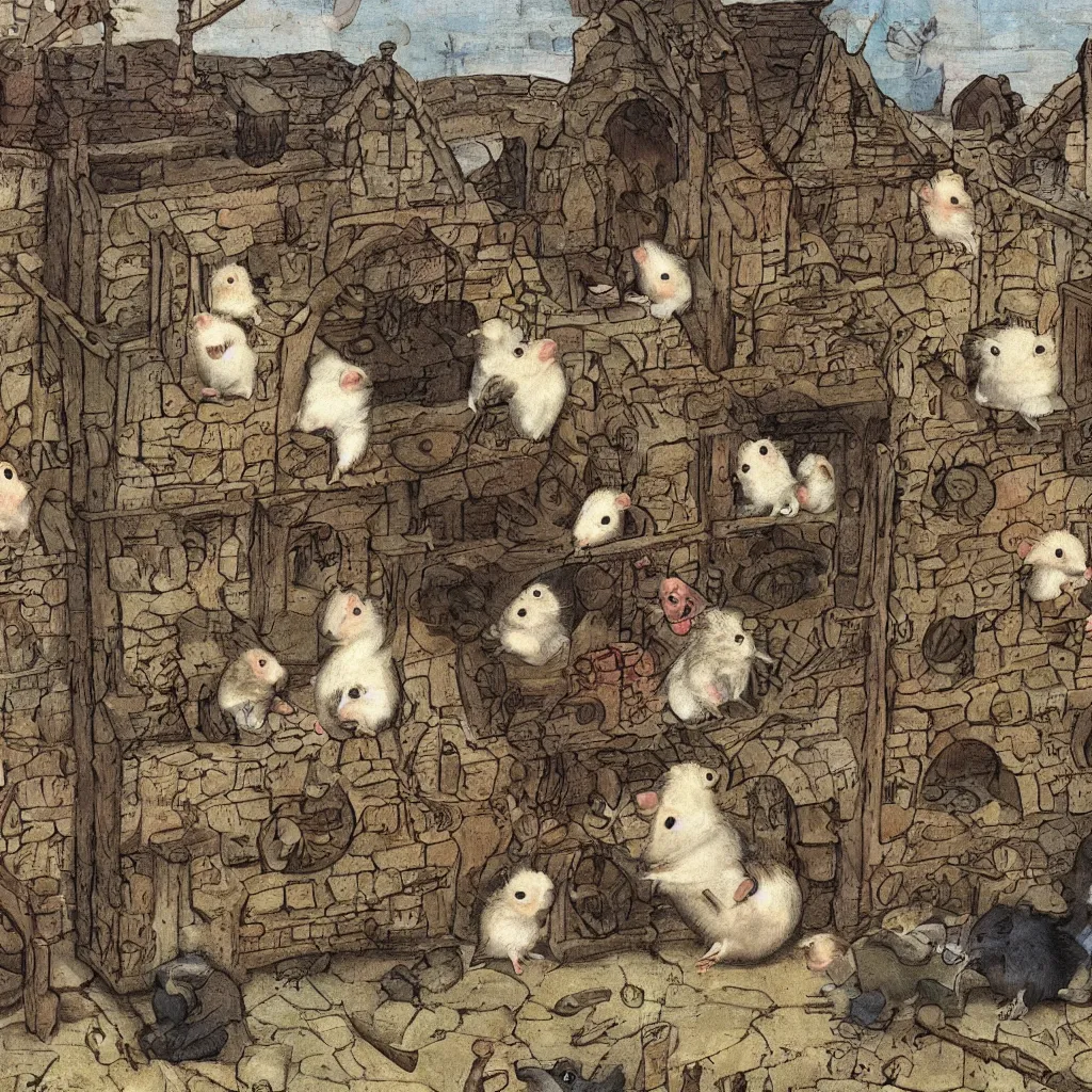 Image similar to hamster in a medieval stockade in the town square and a crowd of angry hamsters surrounding it, 1 2 th century europe theme