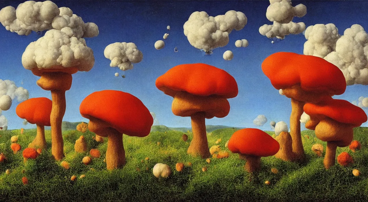 Prompt: a single toadstool fungus floating in the clear sky, a high contrast!! ultradetailed photorealistic painting by jan van eyck, audubon, rene magritte, agnes pelton, max ernst, walton ford, hard lighting, masterpiece