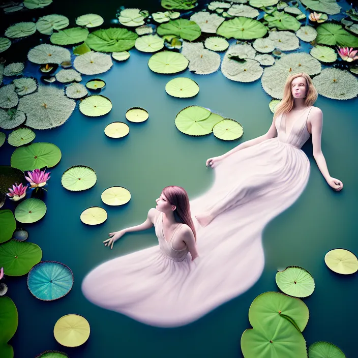 Image similar to Kodak Portra 400, 8K, soft light, volumetric lighting, highly detailed, britt marling style 3/4 of a woman floating in water surrounded by lily pads, half face in the water, julie dillon, a beautiful lace dress and hair are intricate with highly detailed realistic beautiful flowers , Realistic, Refined, Highly Detailed, natural outdoor soft pastel lighting colors scheme, outdoor fine art photography, Hyper realistic, photo realistic