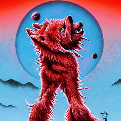 Prompt: manga death metal artwork kawaii wolf made of red meat howling at the moon in the style of Dan Mumford and Zdzisław Beksiński