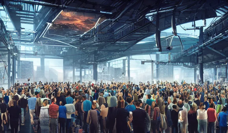 Image similar to large group people in open warehouse, looking at hologram of futuristic city on a table, cinematic concept art, godrays, golden hour, natural sunlight, 4 k, clear details, tabletop model buildings, center model buildings, hologram center, crane shot, crane shot, crane shot