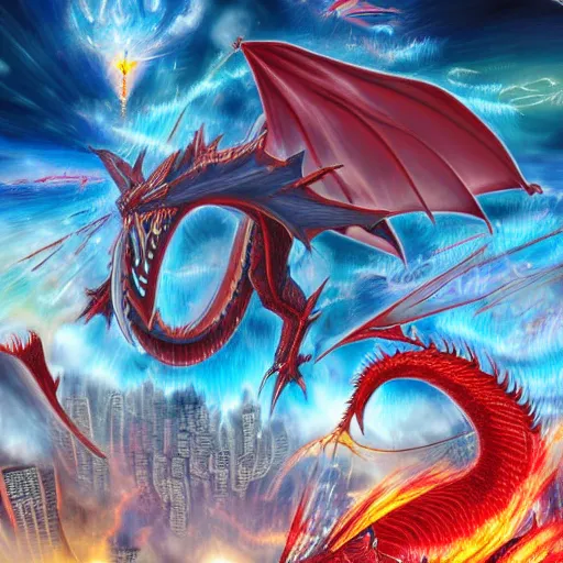 Prompt: slifer the sky dragon crashing into the twin towers, detailed high resolution photo-n9