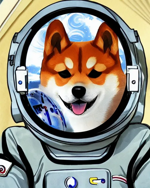 Prompt: a fantasy character with a cute shiba inu head, an astronaut body and a transparent glass helmet, shiba inu winking mischievously ， painting photoshop by hayao miyazaki,