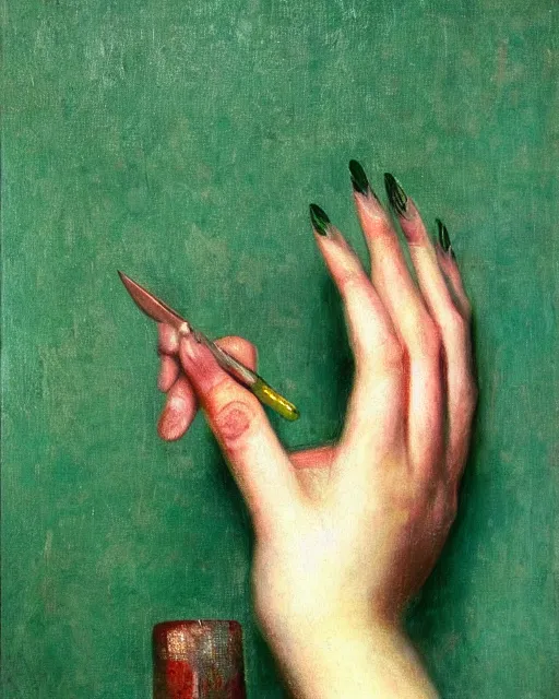 Image similar to by 1 9 th century famous painter, hands, nail polish, blood smear, knife, realism, realistic, oil painting, green wallpaper background