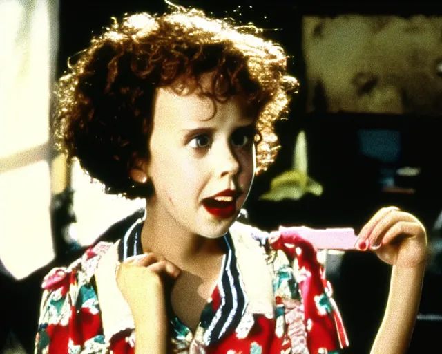 Image similar to millie bobby brown as lydia in beetlejuice, 1988, cdx