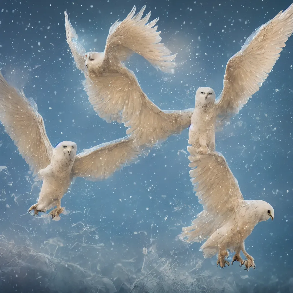 Image similar to legendary snow owl with seven wings and a golden tiara, pastel gradient background, striking blue eyes, octane render, dramatic, depth of field