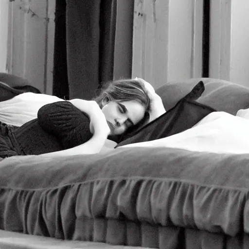 Image similar to emma watson and her friends sleeping in a bunch of cozy beds