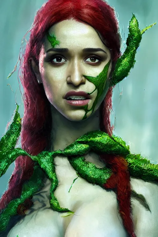 Prompt: Portrait of Shraddha Kapoor as Poison Ivy making a kissing face, in Batman movie still cinematic, artstation, Greg rutkowski, UHD 8K