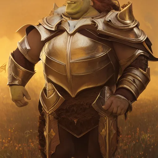 Image similar to shrek as a glorious devout shining powerful epic amazing awesome very handsome attractive muscular stylish knight in shining golden armor riding donkey, fantasy art, highly detailed, photorealistic, octane render, 8 k, unreal engine, art by artgerm and greg rutkowski and alphonse mucha